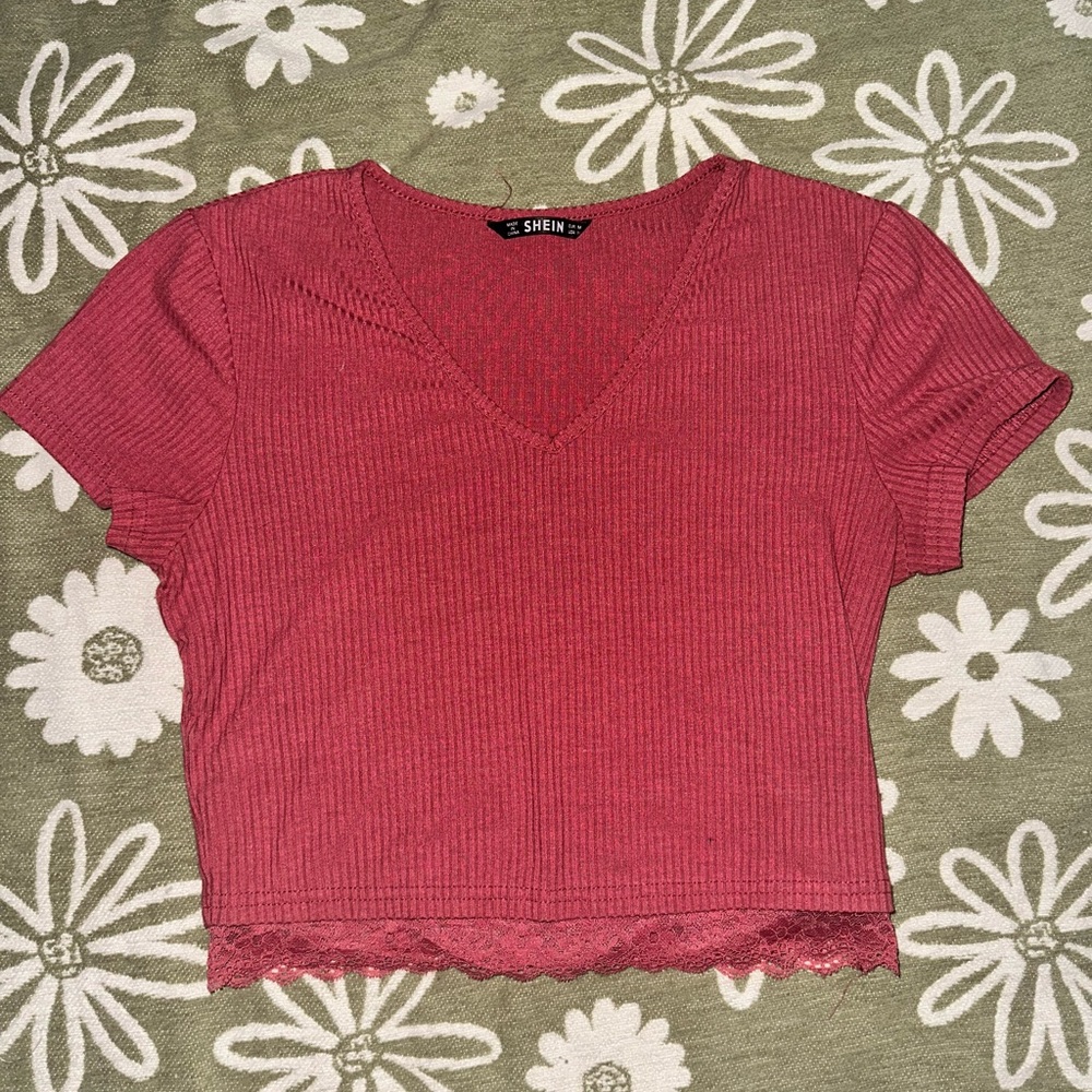 SHEIN Women's Red Ribbed Lace Hem Top